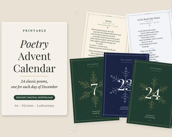 Printable Advent Calendar of Poems, 24 Classic Christmas Poems Countdown Cards, Literary Advent Gift for Book Lovers & Adults