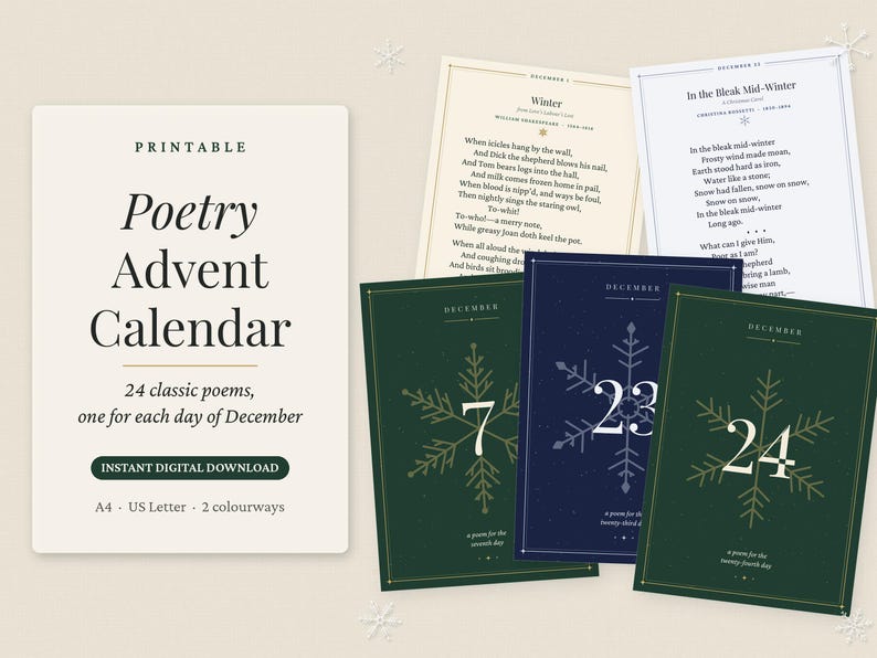 Utskrivbar adventskalender med dikter, nedräkning till 24 klassiska juldikter, direktnedladdning, litterär present för vuxna bild 8