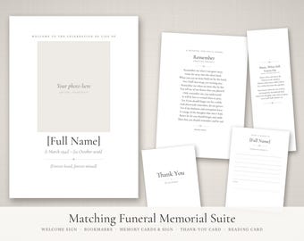 Funeral Memorial Suite Editable, Order of Service, Thank You Card, Sign Template, Celebration of Life Printable Set