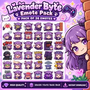 Paquete de 36 emoticonos de Lavender Byte Girl, paquete de anime morado para Twitch y Discord, descarga instantánea.