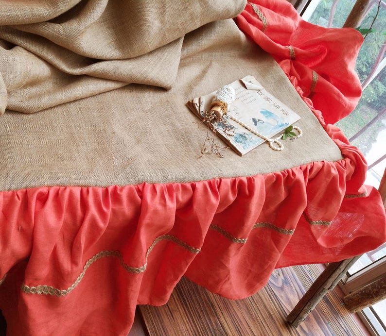 Ruffled Burlap Bedskirt LINEN Bed Skirt CORAL Orange Rustic Etsy