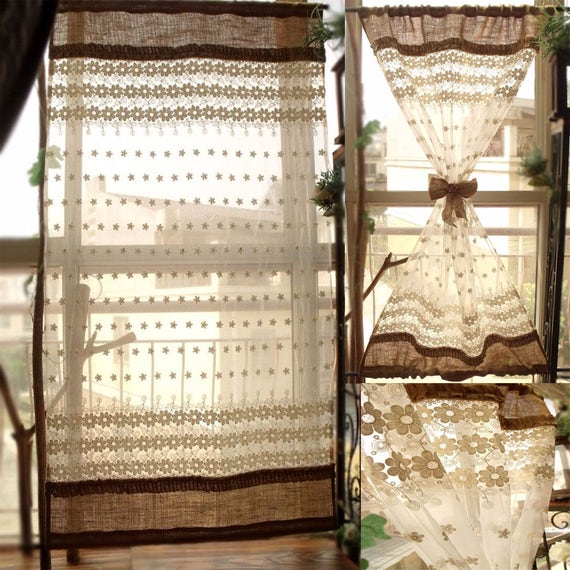 Fancy French Door Curtain Panel Burlap Cream Lace Panel Etsy