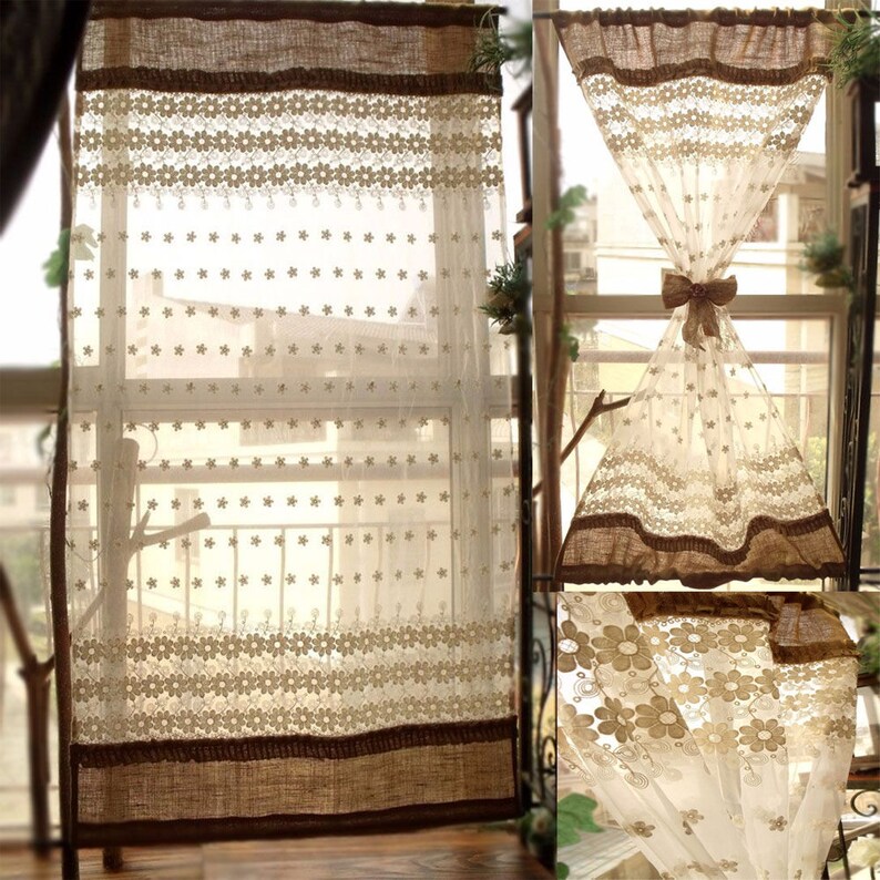 Fancy French Door Curtain Panel Burlap Cream Lace Image 0
