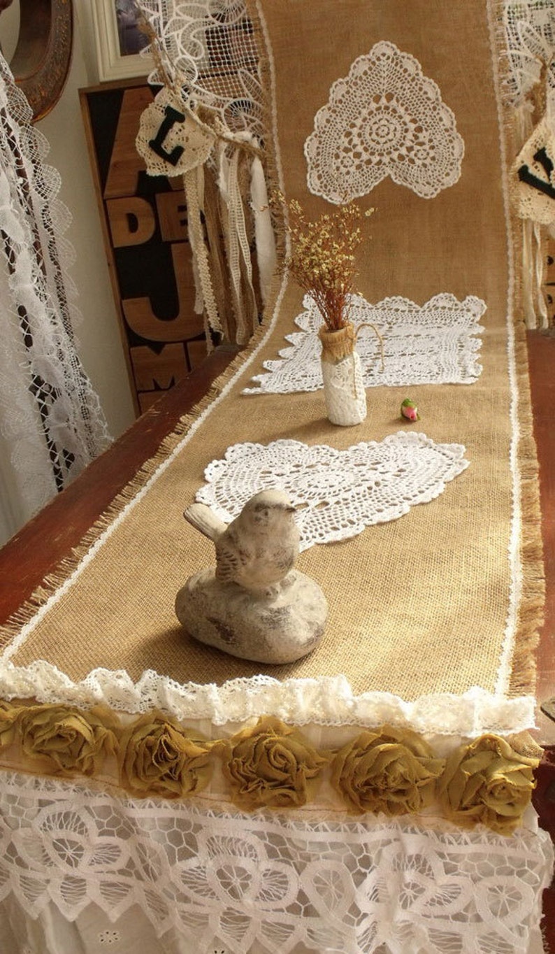 Victorian Burlap Vintage Lace Wedding Table Runner IVORY HAND Etsy