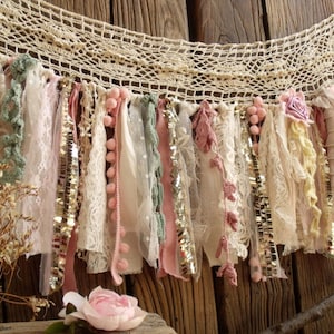 Tea Stain Shabby Boho Chic Blush Pink GOLD Birthday Banner Nursery Valance Crochet Lace Sparkle Sequin Garland Curtain Window Treatment