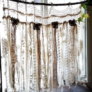 Tea Stained Custom French Shabby Chic Vtg Crochet Lace Burlap Curtain Rustic Romantic ANTIQUE Lace Kitchen Valance bathroom window Treatment