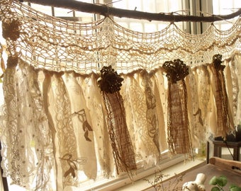 Hippie UNIQUE Curtain ANTIQUE Valance,Kitchen Valance Living Room Shabby BOHO Chic Vintage Crochet Lace Burlap Rustic Garland Curtain Custom