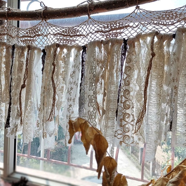Tea Stained Custom Crochet Lace Curtain. BOHO Valance. Shabby chic Lace Farmhouse Kitchen Valance. Cream + little brown