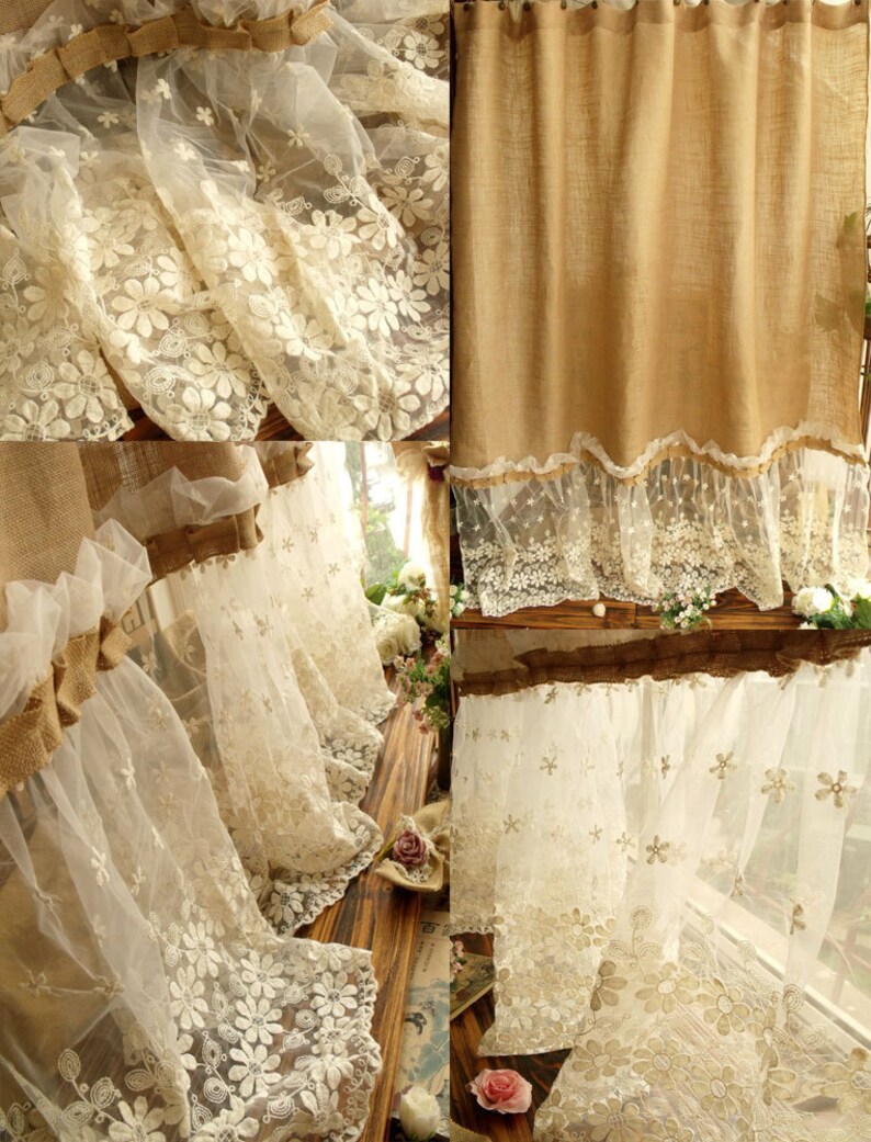 Shabby Washed Rustic Chic Burlap Shower Curtain Lace Ruffles Etsy