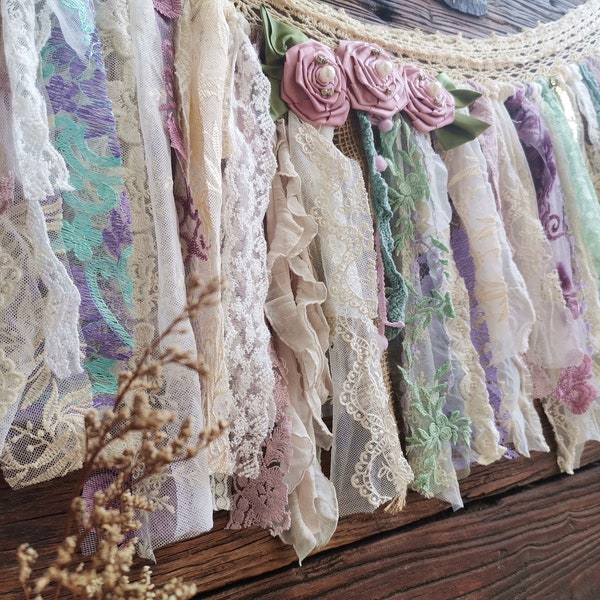 Tea Stain Custom Vintage Lace Burlap Valance. Lavander Mint & Gold Sequin Garland.Sparkle Nursery Garland Curtain Window Treatment