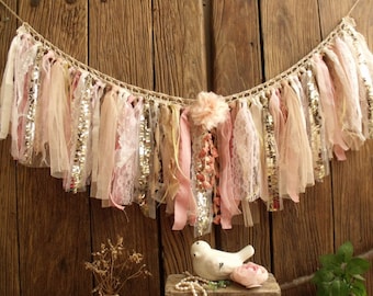 Blush Pink Fabric Garland: Boho Sequin Crochet Lace Bunting, Cottagecore Flower Nursery Banner