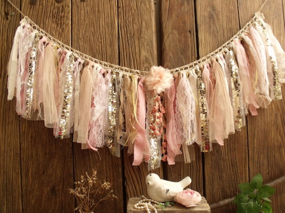 Blush Pink Fabric Garland: Boho Sequin Crochet Lace Bunting, Cottagecore Flower Nursery Banner
