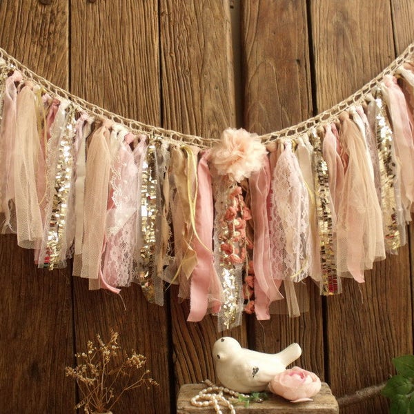 BOHO Blush Pink Gold Fabric Garland Birthday High Chair Skirt Banner Girl Valance Vintage Lace Sequin Wedding Table Skirt