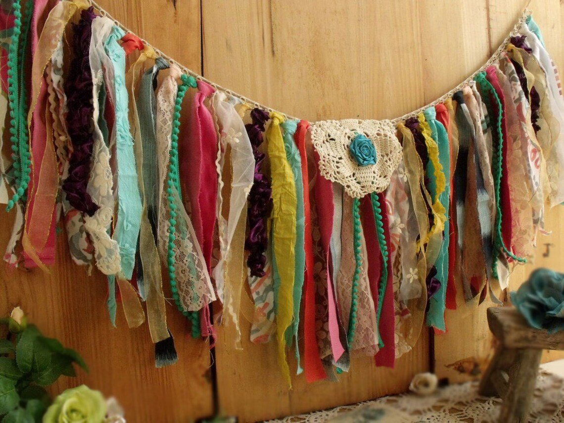 Custom Boho Gypsy Valance Colorful Garland Ribbon Curtain Backdrop Crib ...