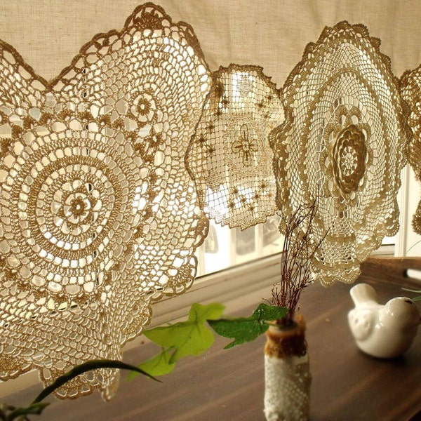 BOHO Crème Couleurs naturelles vintage Crochet Doilies Shabby Chic Français Country Window Cafe Rideau vintage Dentelle Beige