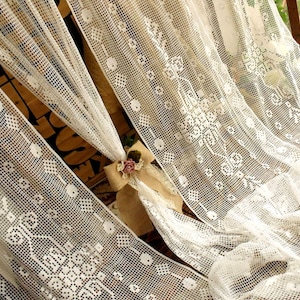 98&quot; ONE (1pc,not 4pcs) panel Vtg Victorian Style Lace Window door Curtain Panel Burlap Ruffle-ROSE FRENCH Country