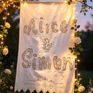 Könnte beinhalten: Ein rechteckiges Banner aus weißem Stoff mit dem gestickten Text Alice & Simon in einer dekorativen Spitzen-Schriftart. Das Banner hat einen gewellten Spitzenbesatz am unteren Rand und wird von warmen Lichterketten beleuchtet.