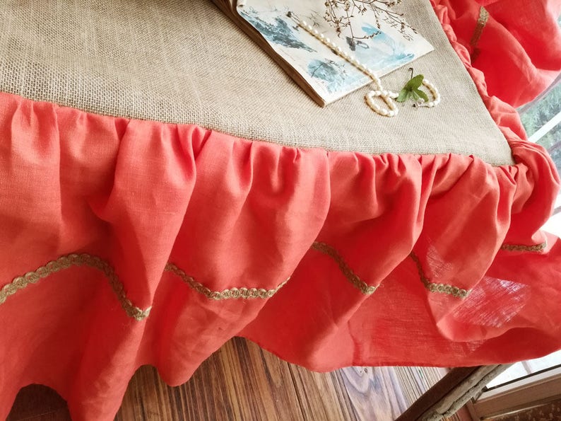 Ruffled Burlap Bedskirt LINEN Bed Skirt CORAL Orange Rustic Etsy