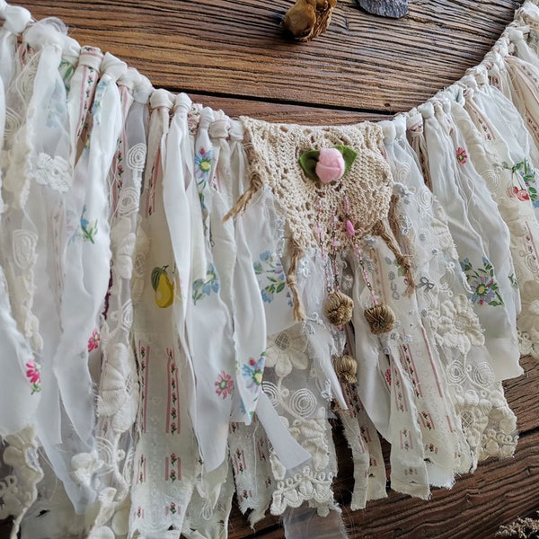 Tattered Floral Fabric Banner -Vintage Rustic Wedding Garland -Farmhouse Garland -Nursery Decor -Baby Shower Prop -Highchair Banner