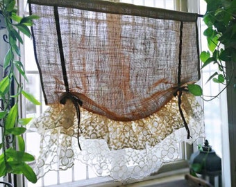 Washed SOFT Burlap Tie up Curtain Shabby Chic Farmhouse Window Curtain Ruffled Natural Cream Lace Brown Ribbon -36 Inch Long