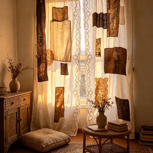 Pair (2pcs) - 84" Long Modern Linen Korean Bojagi Curtains, Geometric Patchwork Drapes, Japanese Style Textile Art Panels