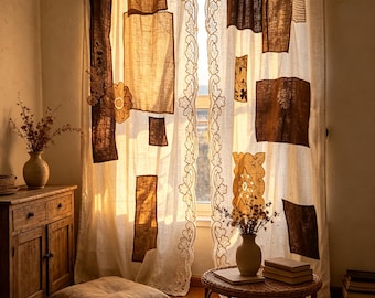 Par (2 piezas) - Cortinas modernas de lino Bojagi de 84", paneles geométricos de patchwork, decoración textil Japandi.