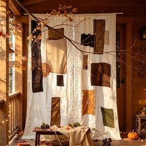 May include: A pair of off-white fabric curtains featuring an embroidered central leaf vine pattern and various rectangular patches in shades of brown, tan, black, and olive green. The curtains hang from a rod, displaying a layered, textured appearance.