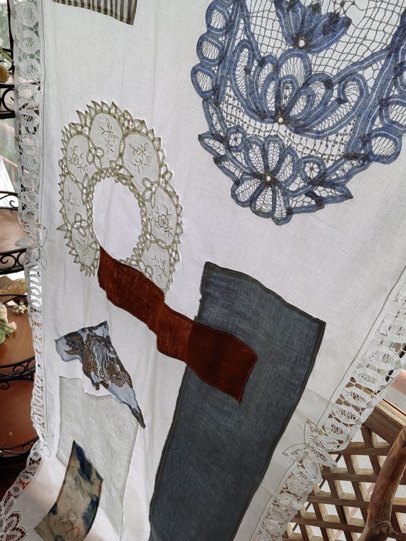 LINEN Bojagi Curtain: Korean Patchwork ANTIQUE Lace Room Divider (84" Long)