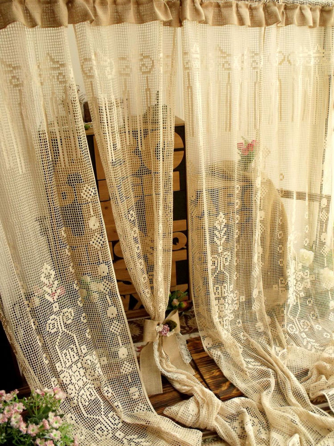 カーテン 19th Century French Filet Lace Curtain Vintage French