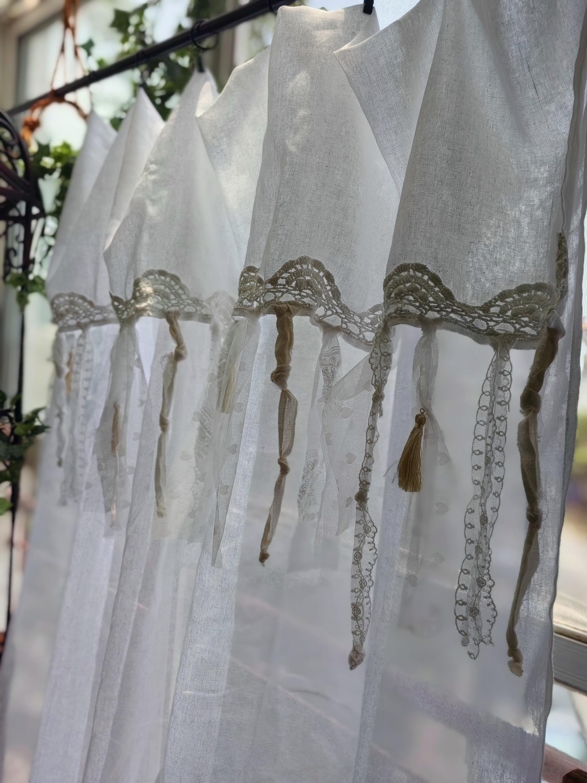 White Linen Curtain Panel: Tasseled Lace Trim, Boho Farmhouse Decor sheer curtain