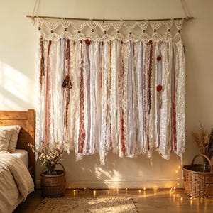 Op de afbeelding: Een wandkleed met een horizontale houten roede voorzien van macraméknopen en houten kralen, waaraan talloze verticale stroken witte kant, crèmekleurige stof en roestkleurige linten hangen, wat zorgt voor een gelaagde, textielrijke uitstraling.