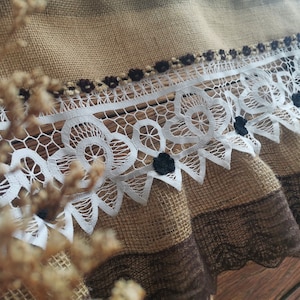 Custom Burlap Window Valance Curtain Vintage white Lace - Rustic Kitchen Valance Brown Black Ruffles