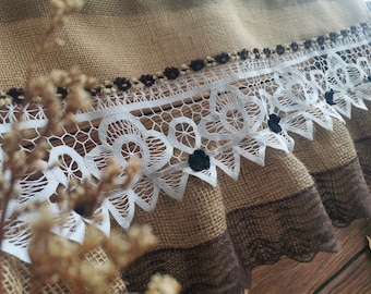 Custom Burlap Window Valance Curtain Vintage white Lace - Rustic Kitchen Valance Brown Black Ruffles