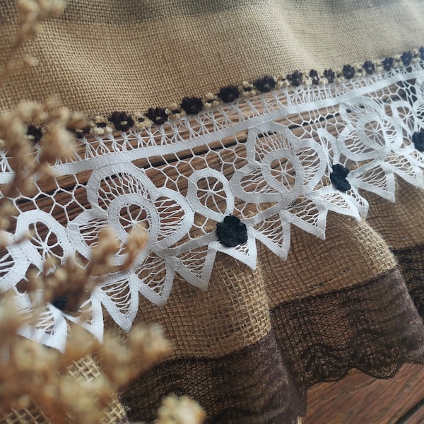 Custom Burlap Window Valance Curtain Vintage white Lace - Rustic Kitchen Valance Brown Black Ruffles