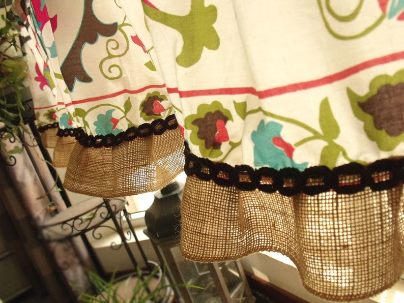 72\u201c Jacobean French Country Turquoise Floral Curtain Valance Burlap paisley Blue Brown BOHO