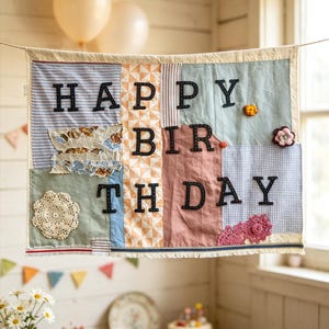 May include: A rectangular fabric wall hanging featuring a patchwork design of various textiles in muted tones. The piece displays the text HAPPY BIRTHDAY in dark, stitched letters. It is decorated with a cream-colored doily and small floral accents.
