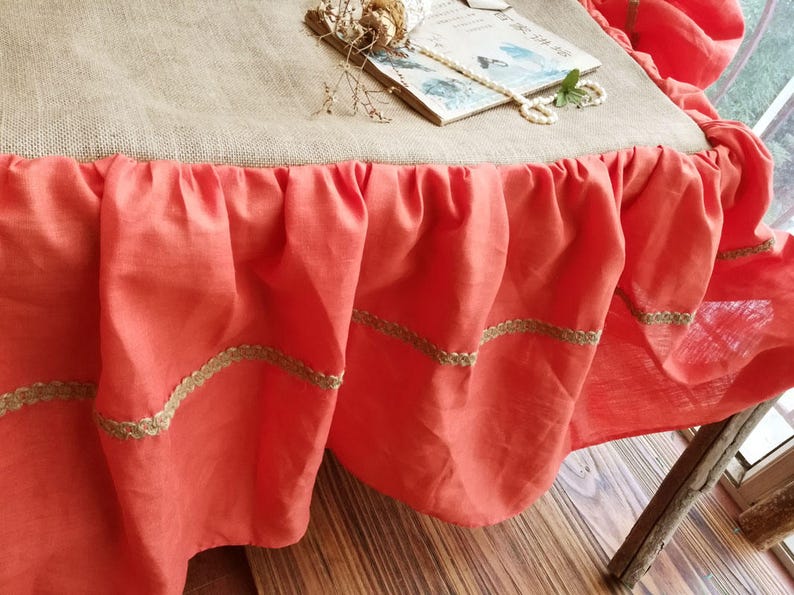 Ruffled Burlap Bedskirt LINEN Bed Skirt CORAL Orange Rustic Etsy