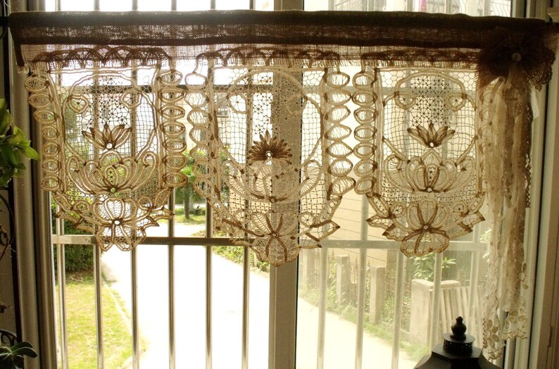 Tea Stained ANTIQUE Vintage Lace Valance with bow Burlap Etsy