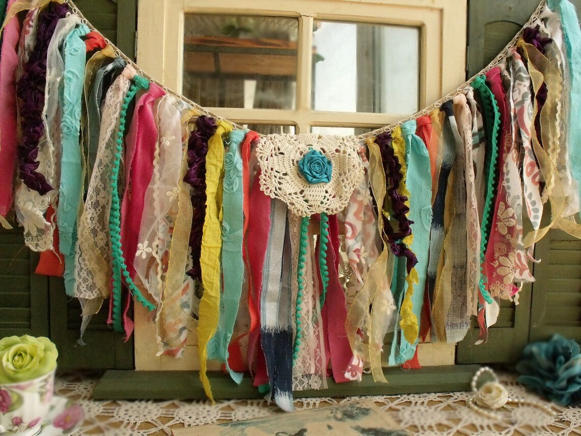 Custom Boho Gypsy Valance Colorful Garland Ribbon Curtain Backdrop Crib ...