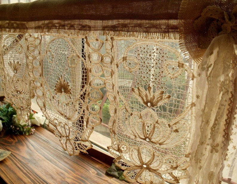Tea Stained Antique Vintage Lace Valance With Bow Burlap Image 0