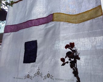 Cortina de patchwork de lino 100 % antigua de 42" de largo: divisor de espacio bordado, cortina de puerta