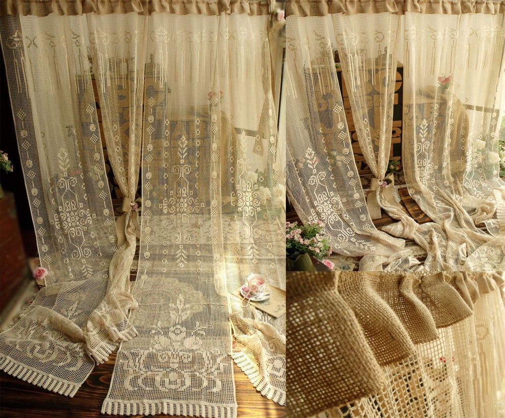 ONE Panel Antique Rose French Lace Curtain Panel: Burlap Ruffle
