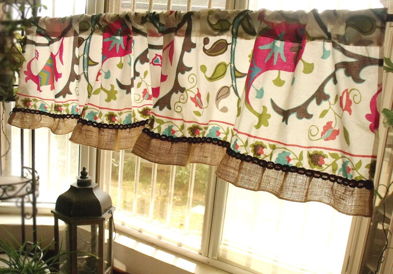 72\u201c Jacobean French Country Turquoise Floral Curtain Valance Burlap paisley Blue Brown BOHO