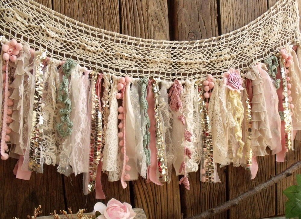 Tea Stain Shabby Boho Chic Blush Pink GOLD Birthday Banner