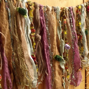 Vintage Earth Tone Romantic Fall Fabric Garland  Boho Purple Mint Coral shabby Lace Valance Rag Strip Autumn Wall hanging