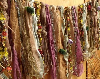 Vintage Earth Tone Romantic Fall Fabric Garland  Boho Purple Mint Coral shabby Lace Valance Rag Strip Autumn Wall hanging