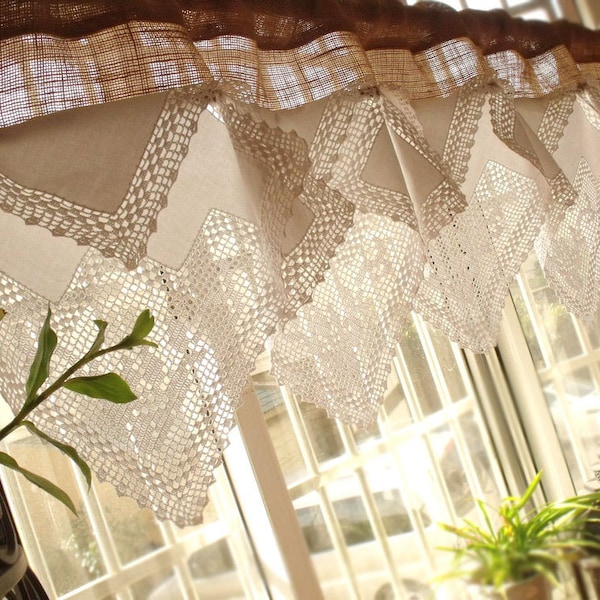 Custom Roses Antique  French Lace  Valance BURLAP or  LINEN Curtain SHABBY Rustic Chic custom