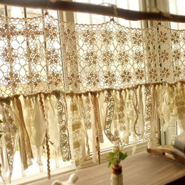 Custom Vintage Kitchen valance curtains. Crochet Lace Curtains. Romantic Boho Country Living Room Window Treatment