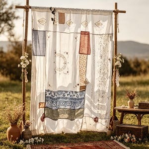 Könnte beinhalten: Ein weißer Stoffhintergrund mit Patchwork-Design, der verschiedene rechteckige Muster in Blau, Braun und Creme aufweist. Das Textil ist an einem Holzrahmen befestigt und zeigt aufwendige Stickereien, spitzenartige Details sowie verschiedene Druckmotive.