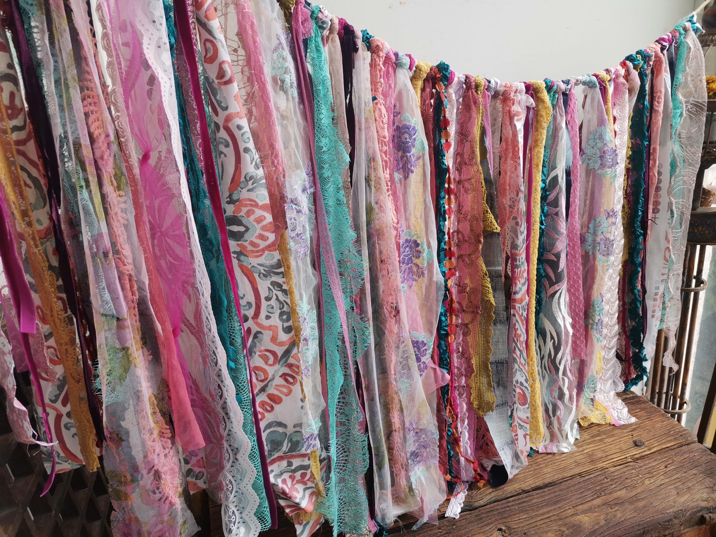 Custom Bohemian Rag Curtain.. Hippie Junk Gypsy Rustic Rag Fabric Garland valance Window Curtain  Fabric garland hangings Colorful Backdrop